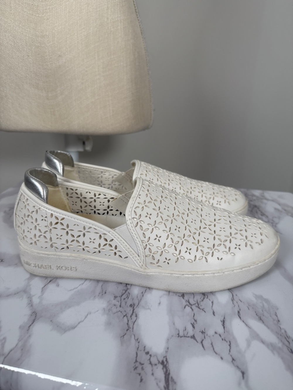 MICHAEL Michael Kors White Perforated Slip-On Clogs with Silver Heel - Picture 6 of 8